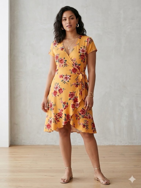 H&M Dresses & Skirts - H&M Mustard Yellow Floral Cottagecore Boho Chic Wrap Ruffle Dress Sz 10